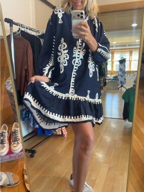 Umgee Navy and White Embroidered Button-Front Tunic